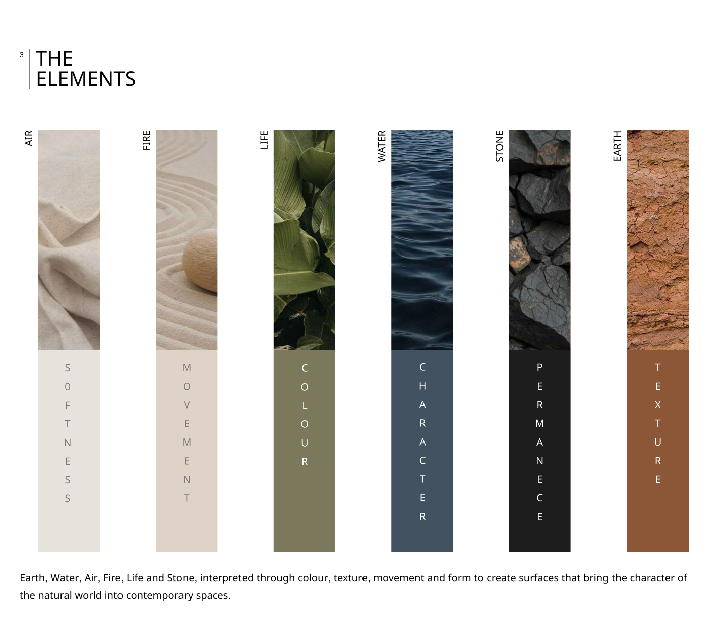 THE ELEMENTS catalogue: Air, Fire, Life, Water, Stone, Earth