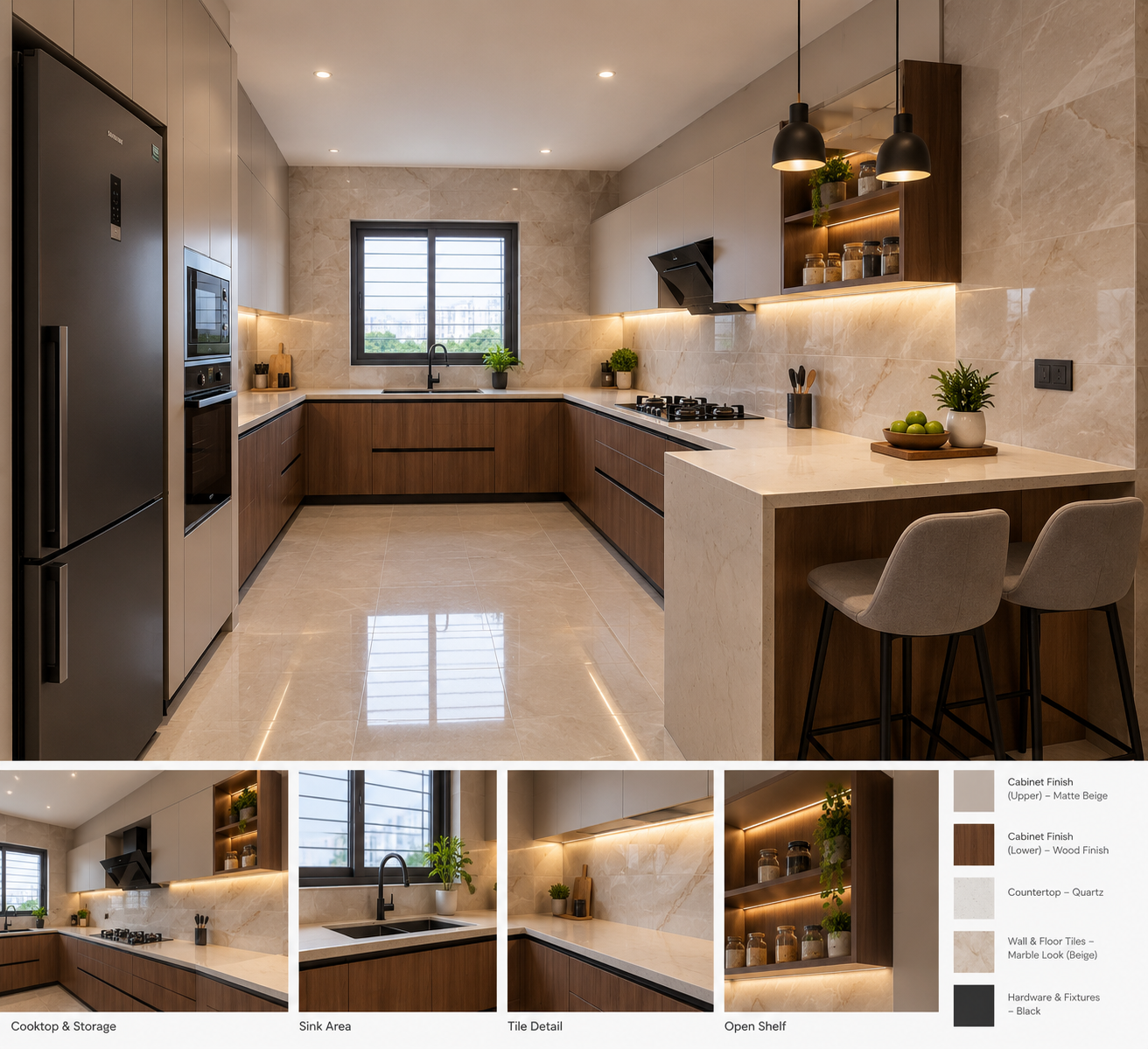 AI kitchen with marble-look walls and wood cabinets