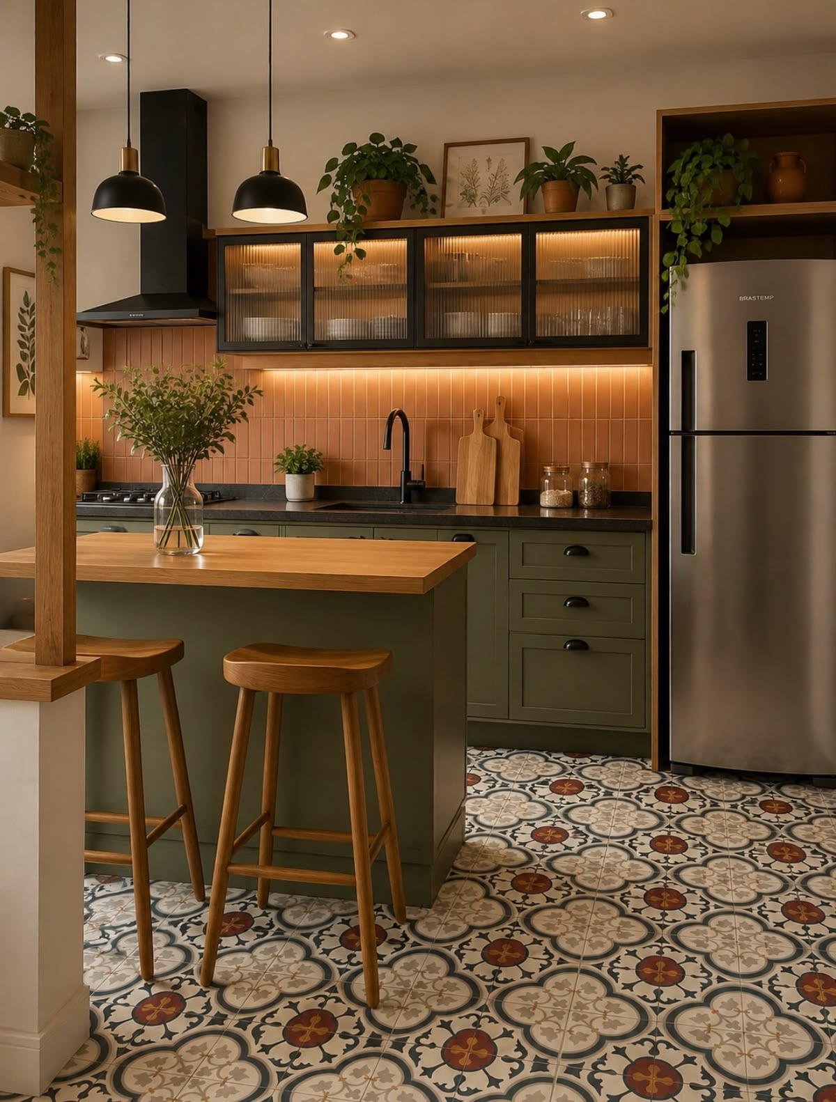 Earthy kitchen with patterned floor tiles