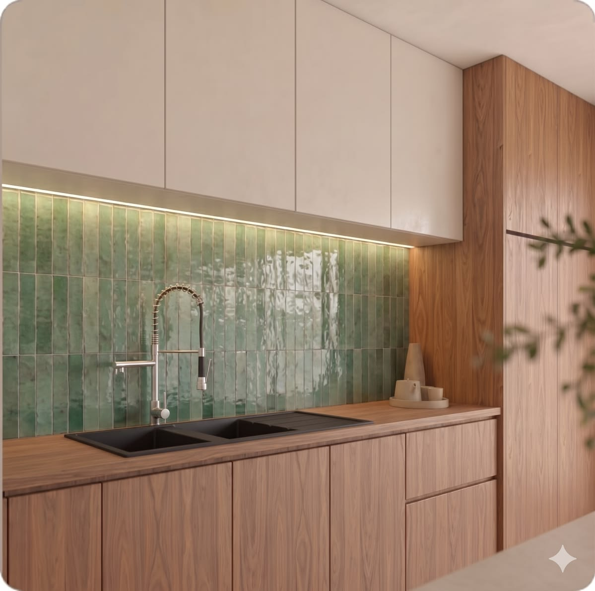 AI earthy kitchen with green subway