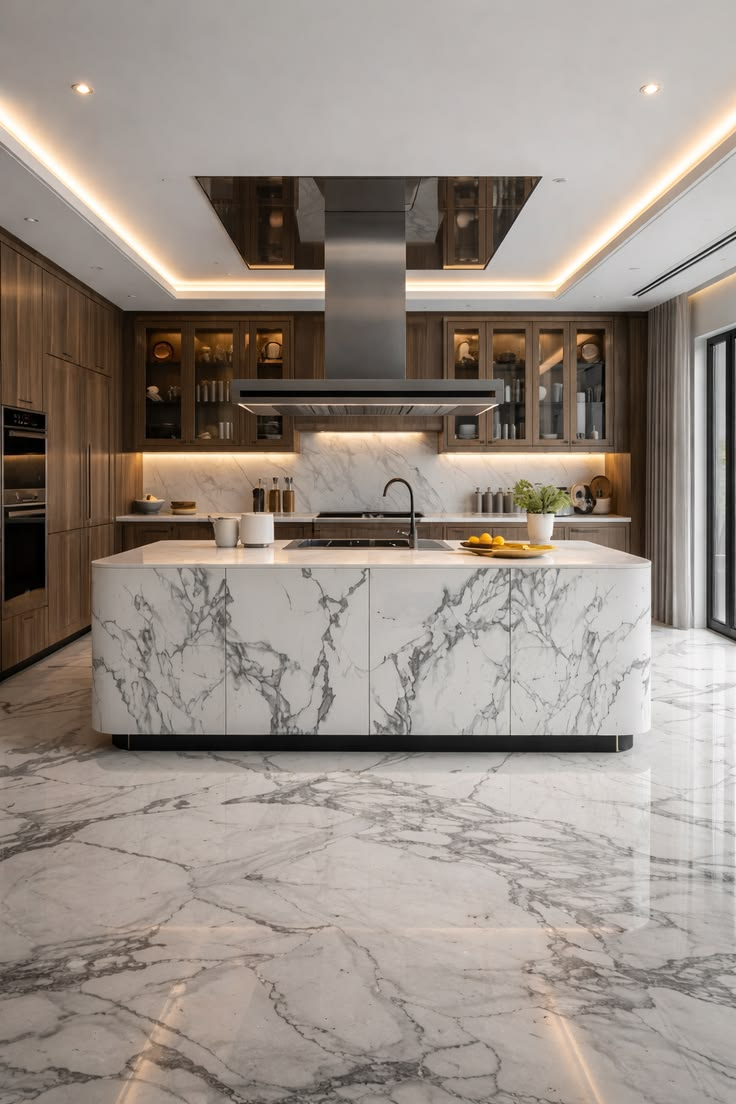 White marble kitchen with wood cabinets