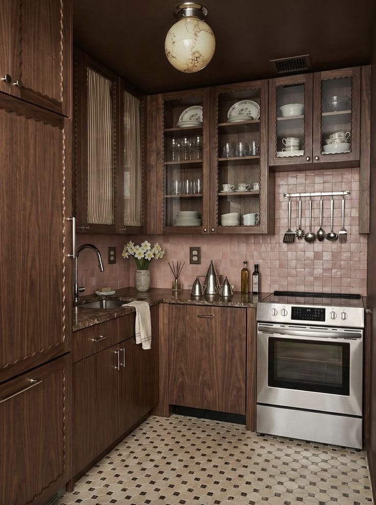 Handcrafted kitchen with pink tiles