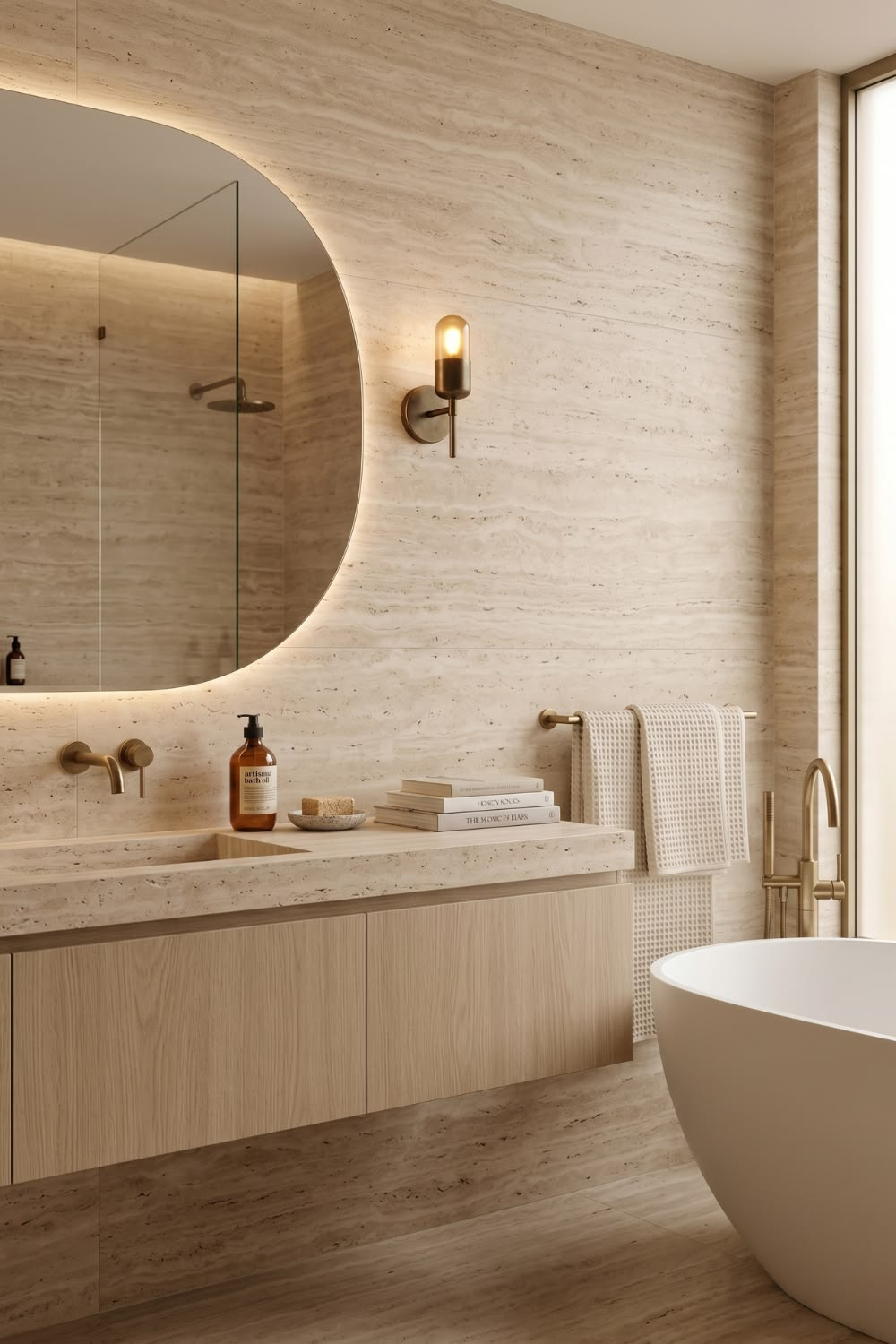Travertine spa bathroom