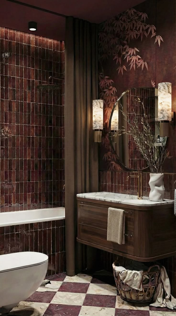Burgundy tiled bathroom