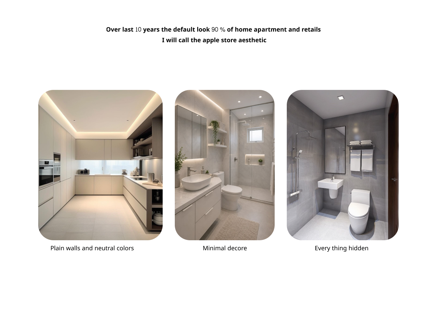 Apple Store aesthetic: plain grey bathrooms and kitchens