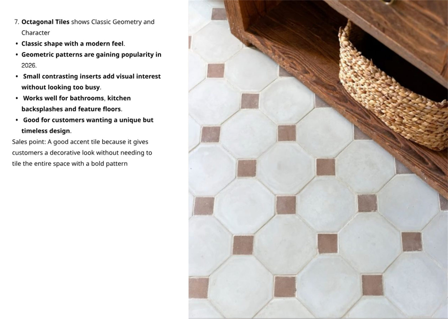 Octagonal tiles with classic geometry